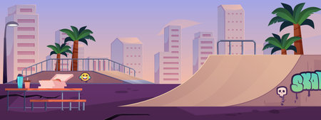 Vector illustration of urban skate park on sunset sky background.のイラスト素材