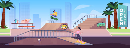 Vector illustration of a skate park with a girl and guy doing tricks on skateboards.のイラスト素材