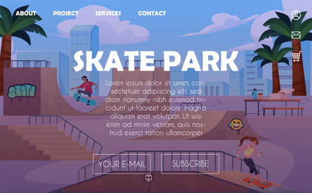 Vector illustration of an internet site with characters in a skate park.のイラスト素材