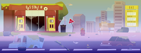 An abandoned gas station with broken windows, vehicles on a deserted road and toxic wasteのイラスト素材