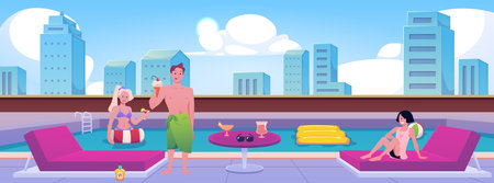 Swimming pool on the roof of the residence building, vector cartoon swimming pool with sunbeds, people enjoy cocktailsのイラスト素材