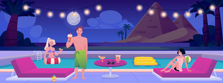 Vector illustration of characters relaxing by the pool with night view of beach and mountains.のイラスト素材
