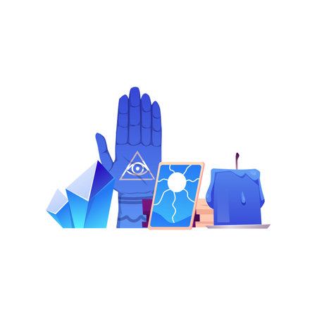 Fortune tellers accessories and occult ritual items, vector flat magic crystals, mirror, hand with eye sign and candleのイラスト素材