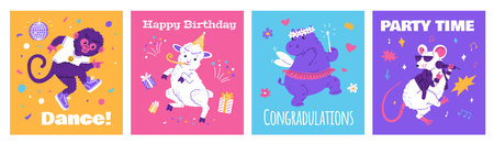 Set of vector postcards with joyful dancing animals on a colorful background surrounded by conffetyのイラスト素材