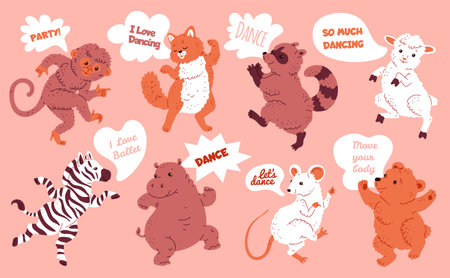 Vector illustration of a set with the image of dancing animals with speech bubbles.のイラスト素材
