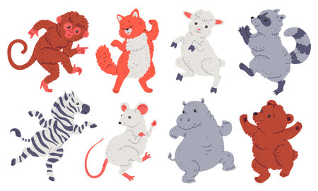 Cute animals dancing and smiling vector set, cartoon funny sheep and cat, zebra raccoon, hippopotamus and mouse have funのイラスト素材