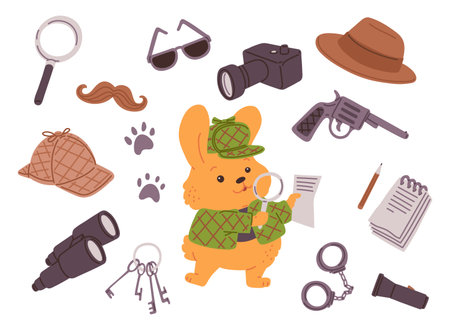 Illustration of a detective bunny set with accessories and equipment for detective work.のイラスト素材