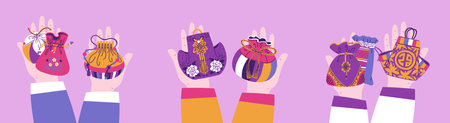 Korean lucky bags on hands, traditional Asian purses for gifts on oriental holiday, Chinese textile pouches vector setのイラスト素材