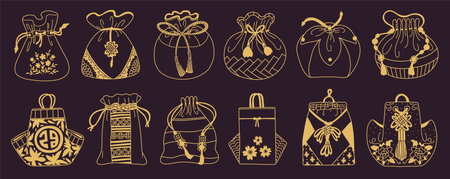 Korean lucky bags decorated with flowers pattern, tassels and beads outline vector set, traditional Asian purse for giftのイラスト素材