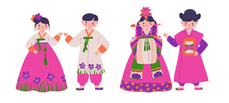 Vector illustration of Korean characters in traditional clothes.のイラスト素材