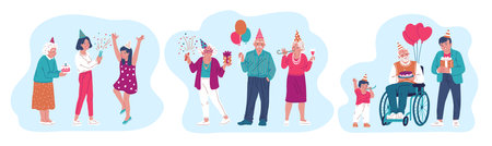 Vector set with elderly people celebrate their birthday on a white backgroundのイラスト素材