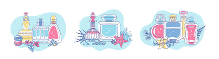 Vector illustration of a set of different perfume bottles with different aromas and ingredients.のイラスト素材