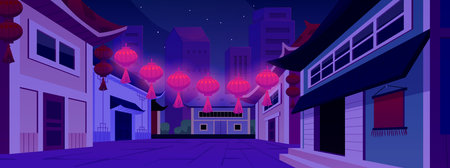 Vector illustration of Chinese night street with houses, road and glowing lanterns.のイラスト素材