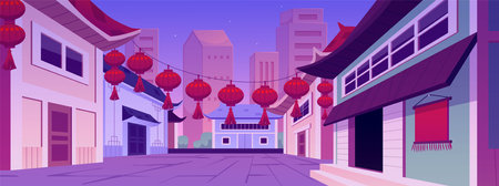 Illustration depicting Evening cityscape of Chinese street with houses, road, and festive lanterns.のイラスト素材