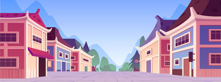 Illustration of Chinese street with traditional houses along the road against mountain landscape.のイラスト素材