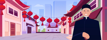 Vector illustration of happy elderly man on city chinese street background.のイラスト素材
