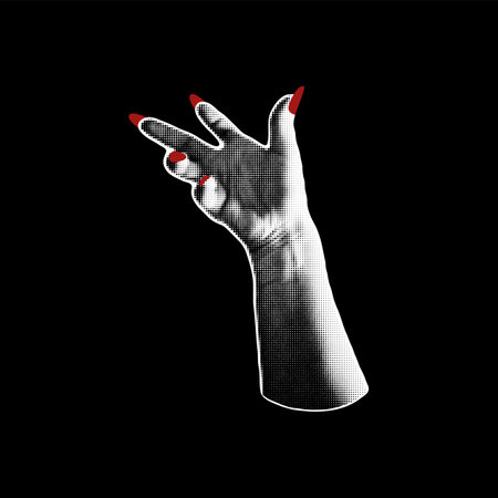 Halftone hand, red nails manicure photocopy effect, vector palm five fingers gesture grunge pop art, Y2K grainy designのイラスト素材