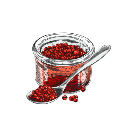 Red caviar in a glass jar with a spoon, hand drawn vector illustration.のイラスト素材