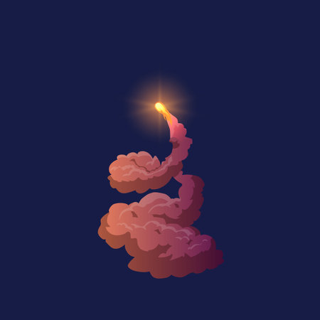 Rocket launch trail vector with brown smoke and fire on blue isolated background.のイラスト素材