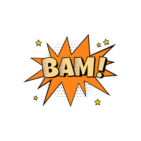 Cartoon comic speech bubble with dotted pattern, stars, BAM word expression sound explosion effect, vector chat messageのイラスト素材