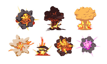 Vector illustration of a set of fantasy smoke effects with fire and magic purple flames.のイラスト素材
