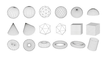 Illustration of a set of wireframe geometric shapes: torus, cube, sphere and abstract figures.のイラスト素材