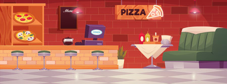 Diner cafe interior with Pizza signboard, vector sofa with table, menu board, bar counter, showcase with various pizzasのイラスト素材