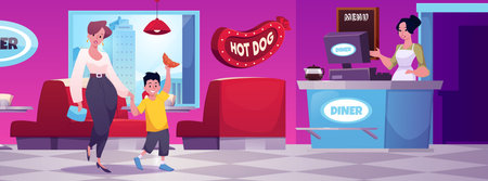 Diner cafe interior with Hot dog signboard, boy and woman customers, vector red sofa with table, counter with sellerのイラスト素材