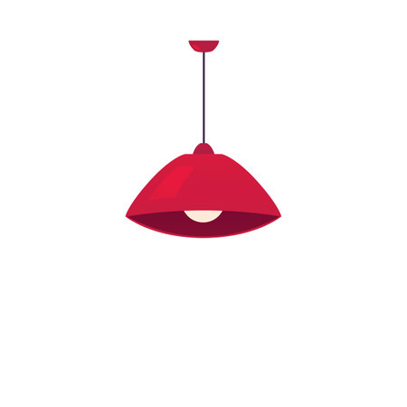 Hanging lamp with red lampshade flat icon, chandelier with lightbulb, lamp with metal shade vector loft interior designのイラスト素材