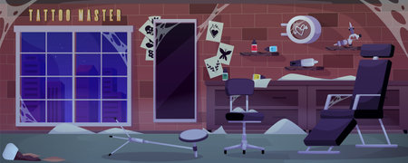 Abandoned tattoo salon interior with broken scattered tools and equipment vector flat illustration, dusty room, cobwebsのイラスト素材