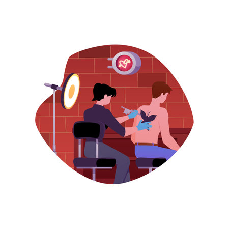 Woman artist with needle machine making tattoo butterfly on clients back in salon, vector tattooist master work processのイラスト素材