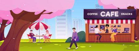 Vector illustration of street cafe in city park with characters.のイラスト素材