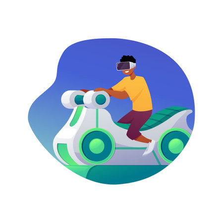 Kid in VR glasses sitting on motorbike moving seat playing in Virtual reality videogames attraction, vector simulationのイラスト素材
