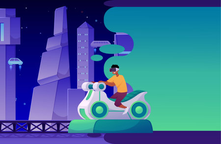 Boy in VR glasses driving car, playing in Virtual reality game attraction on futuristic cityscape, vector simulationのイラスト素材