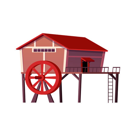 Water mill on piles flat vector icon, vintage wooden house with wheel to grind flour using hydropower of river streamのイラスト素材