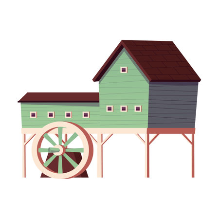 Water mill on piles, vector flat vintage wooden house with wheel to grind flour using hydropower of river, farm industryのイラスト素材