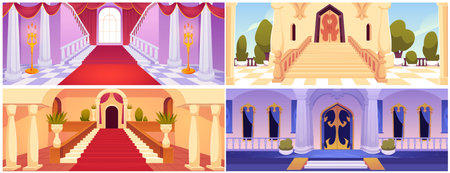 Castle corridor with staircase, palace entrance hall with pillars and potted plants vector set, medieval interiorのイラスト素材