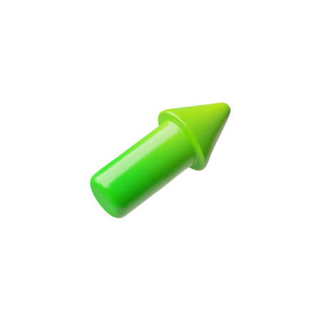 3D vector sign of rounded, green arrow, upward pointer symbolizing growth and direction.