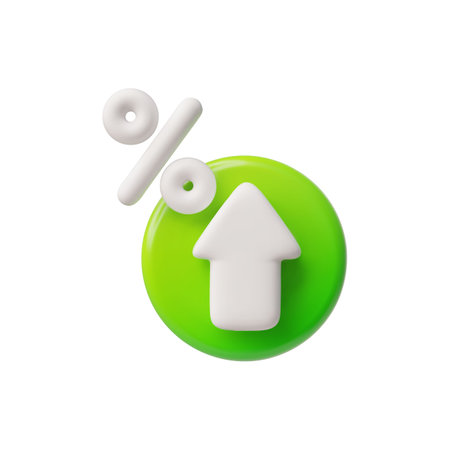 Green arrow growth trend with percentage symbol, 3D vector up direction pointer, rate up, financial increase chartのイラスト素材