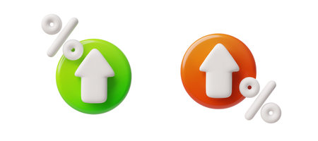 Vector 3d illustration of arrows with green and red circles and percent signs.のイラスト素材