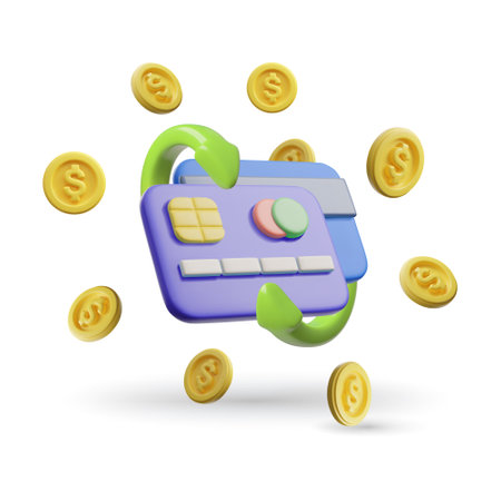 Bank credit cards with coins and green arrows 3D plastic style vector composition, payment cashback, savings or earningsのイラスト素材