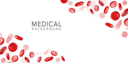 Vector 3d illustration of banner with red blood cells flow on white isolated background.のイラスト素材