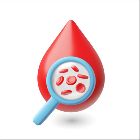 Vector 3d illustration of blood drop with magnifying glass and red blood cells.のイラスト素材