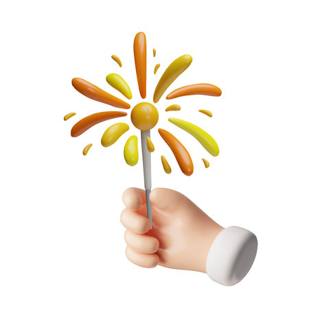 Vector 3D illustration of a hand holding a burning sparkler.のイラスト素材
