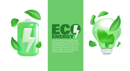 Green battery and light bulb plant inside 3D cartoon vector design, Eco friendly power, Green energy ecological symbolのイラスト素材
