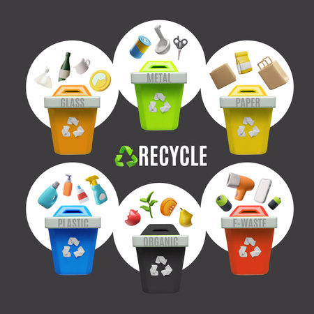 Garbage sorting containers with recycle symbol, vector metal, paper, glass, E-waste, plastic organic colorful trash binsのイラスト素材