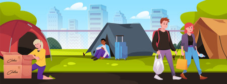 Refugee camp people, vector flat tent city shelter for homeless people, volunteers help and distribute food, clothesのイラスト素材