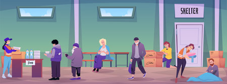 Volunteers help refugees, serving food, distribute clothes in shelter for homeless people, vector humanitarian supportのイラスト素材
