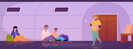 Illustration of characters sitting on the floor in a shelter, volunteers delivering water.のイラスト素材