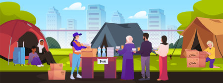 Vector illustration of volunteers helping in refugee camp on border.のイラスト素材